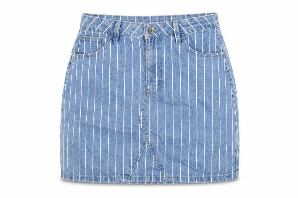 Front view of denim co women’s blue striped denim straight & pencil skirt, size UK 10