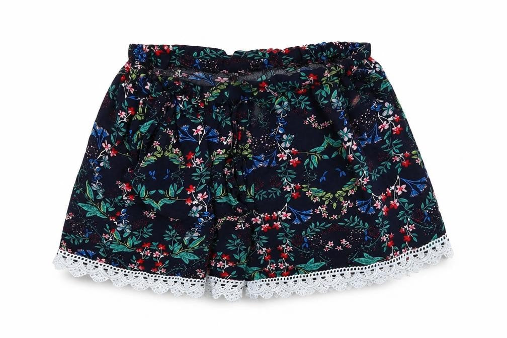 Front view of Preworn women’s black floral paperbag shorts, size M