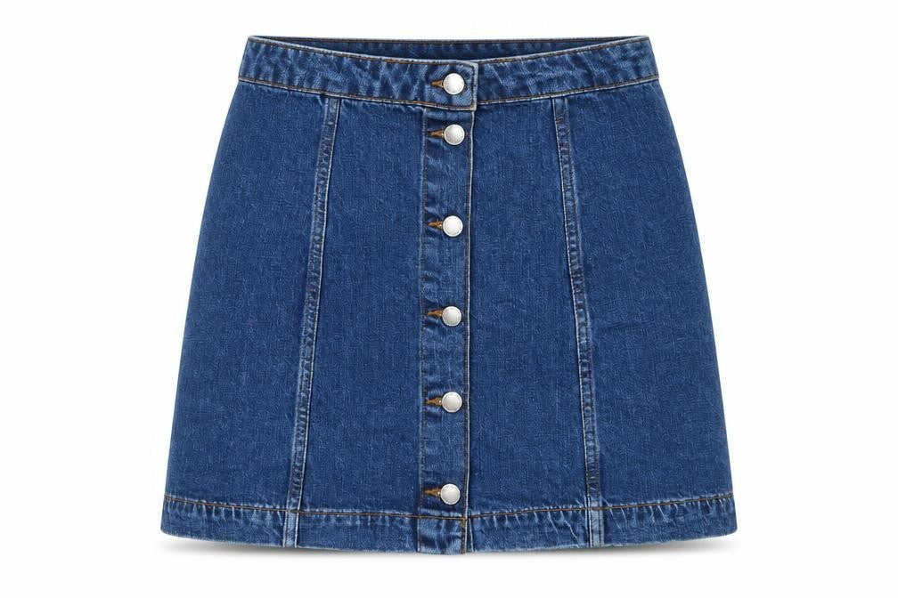 Front view of Topshop women’s blue denim a-line skirt