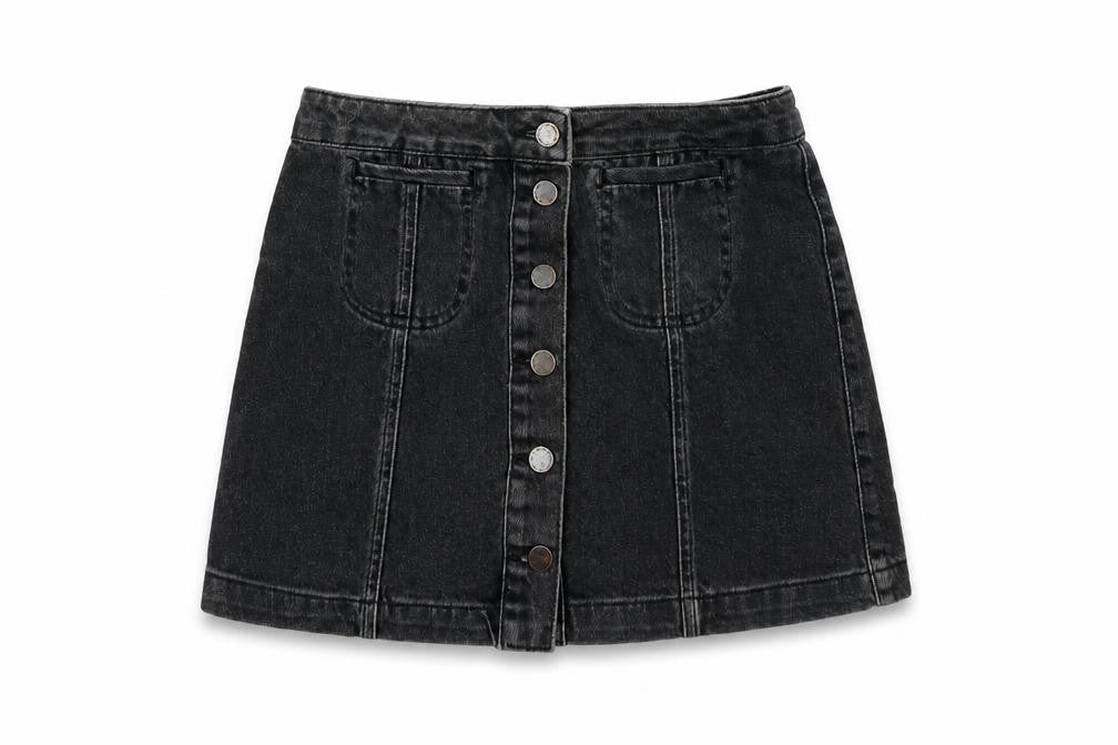 Front view of Topshop women’s black denim a-line skirt, size UK 8