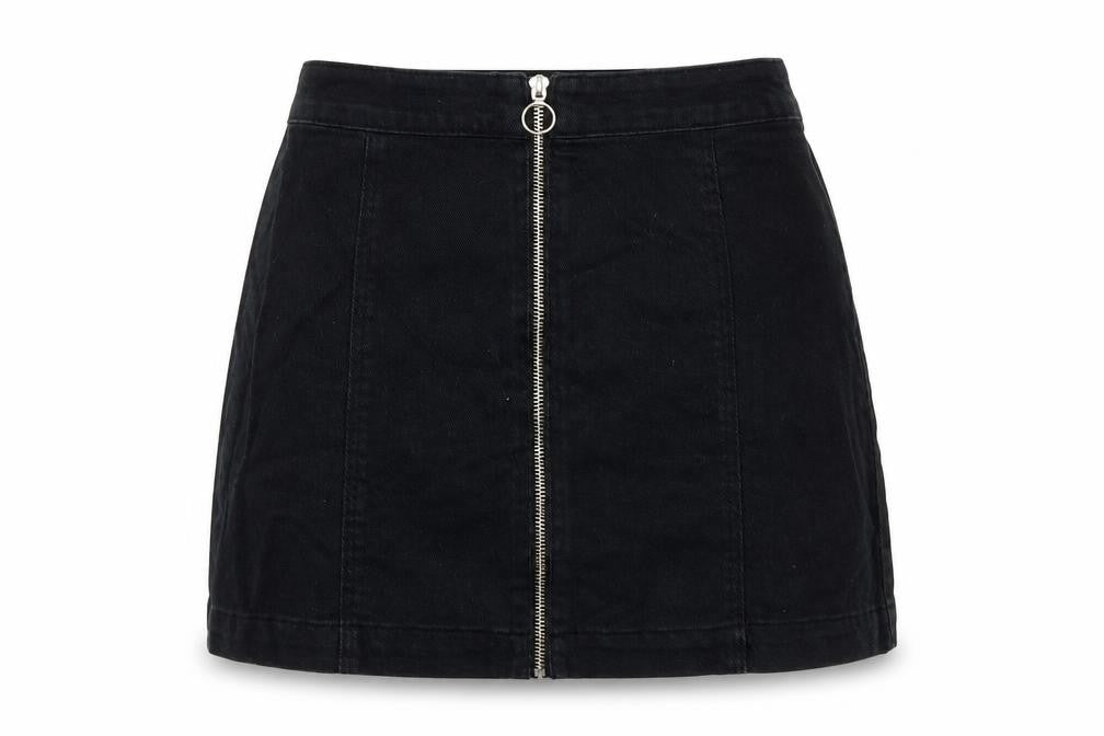 Front view of Divided by H&M women’s black denim a-line skirt, size UK 8