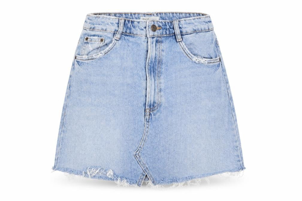 Front view of Preworn women’s blue denim a-line skirt
