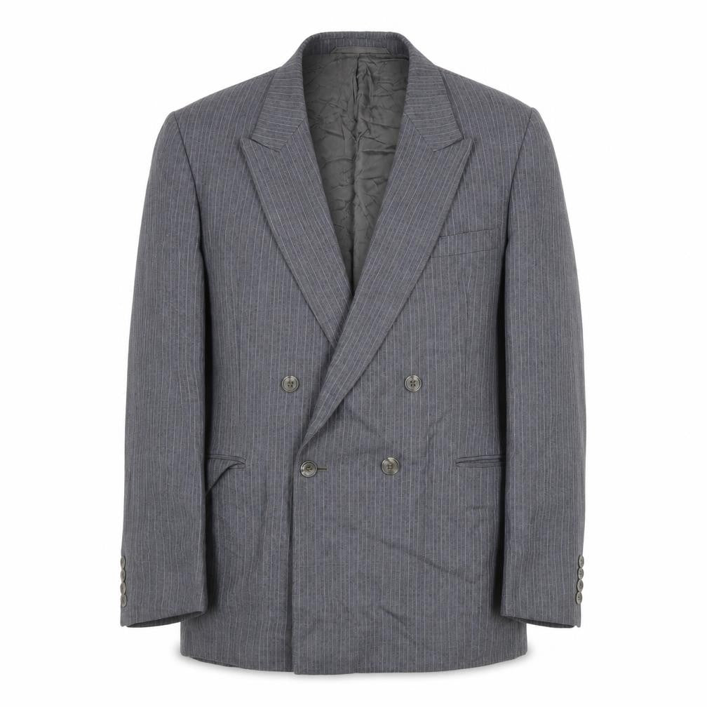 Front view of Male men’s grey striped jacket suit jacket, size L