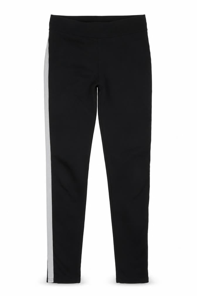 Front view of Preworn girls’ black striped jegging trousers, size XL
