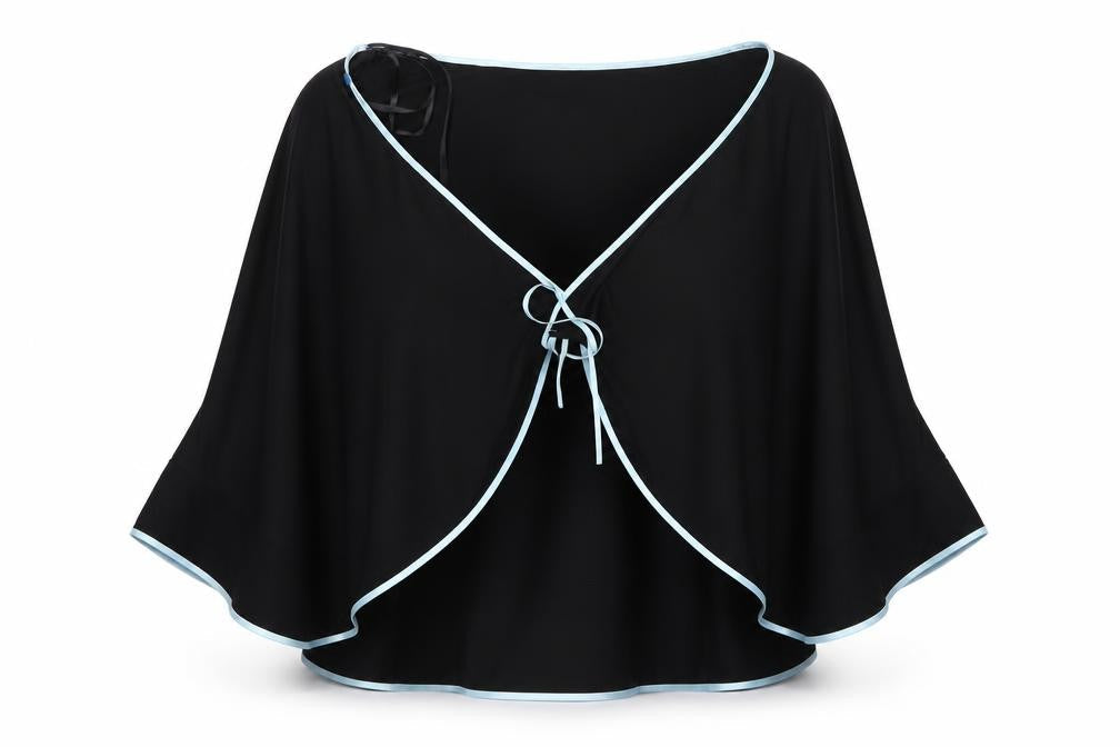 Front view of one women’s black kimono coatigan, size UK 20