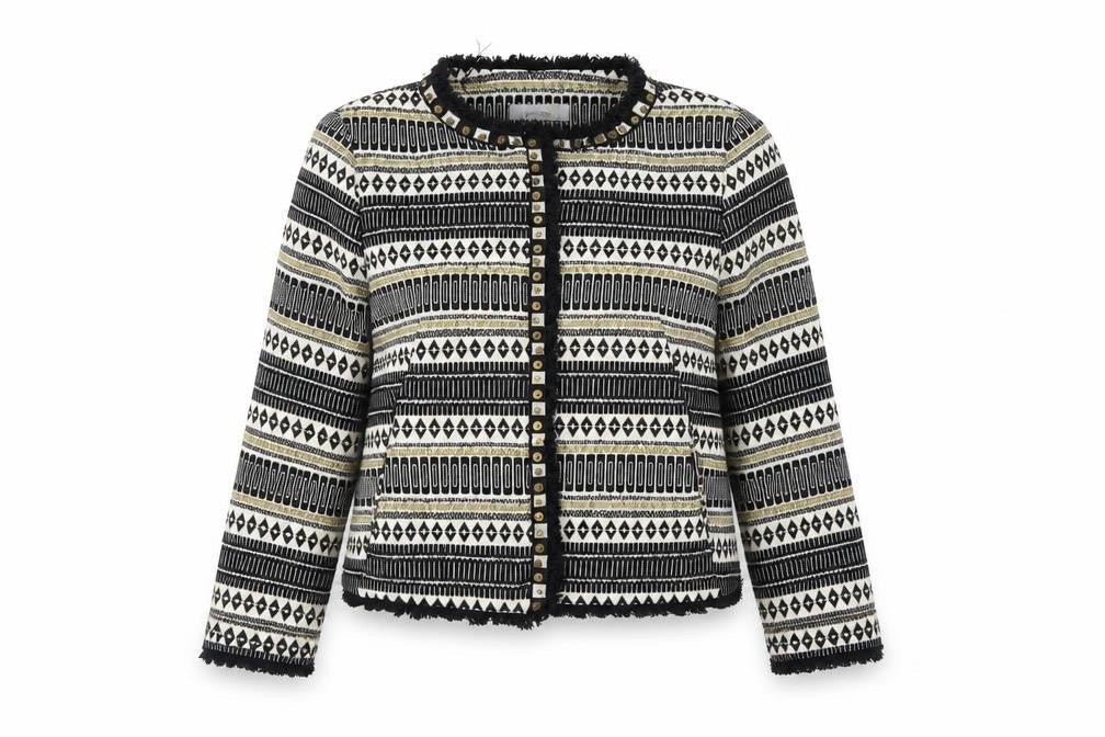 Front view of Per Una women’s black striped jacket, size UK 8