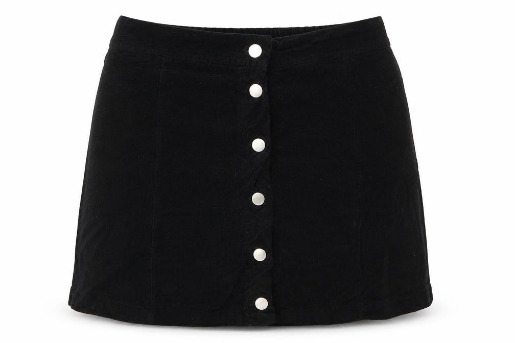 Front view of Lulua women’s black corduroy a-line skirt, size L