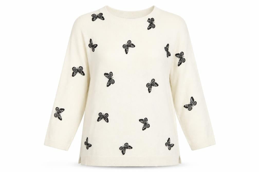 Front view of Papaya women’s ivory knit jumper, size UK 8, - butterfly