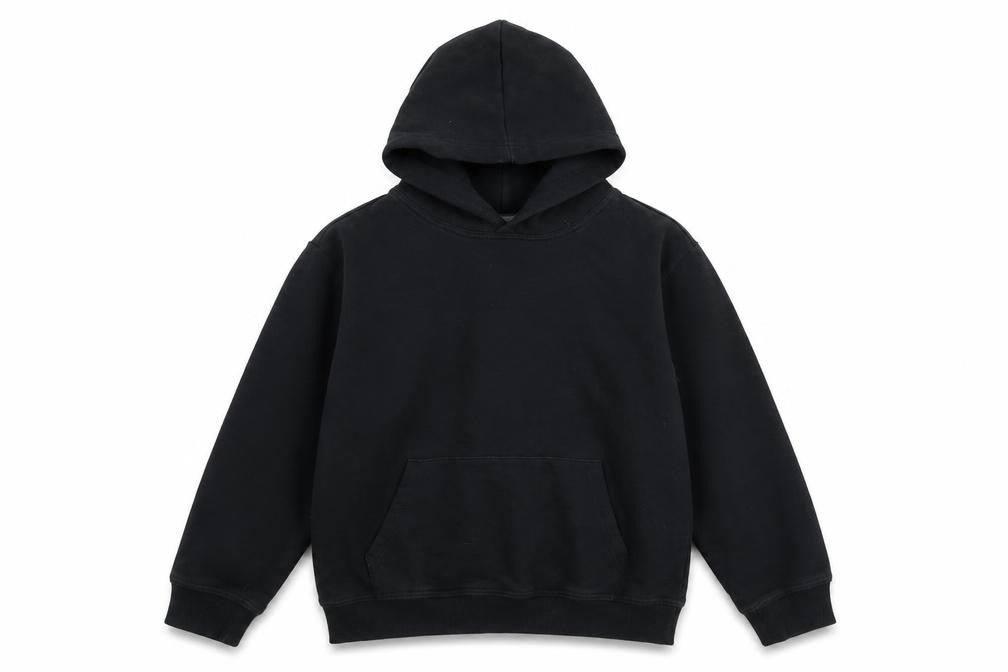 Front view of Spreadshirt boys’ black jersey pullover hoodie, size 12-13, years - sunday league