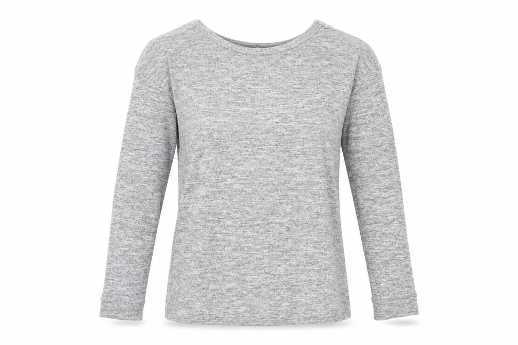 Front view of Miss Selfridge women’s grey jersey basic t-shirt, size UK 8, - open back