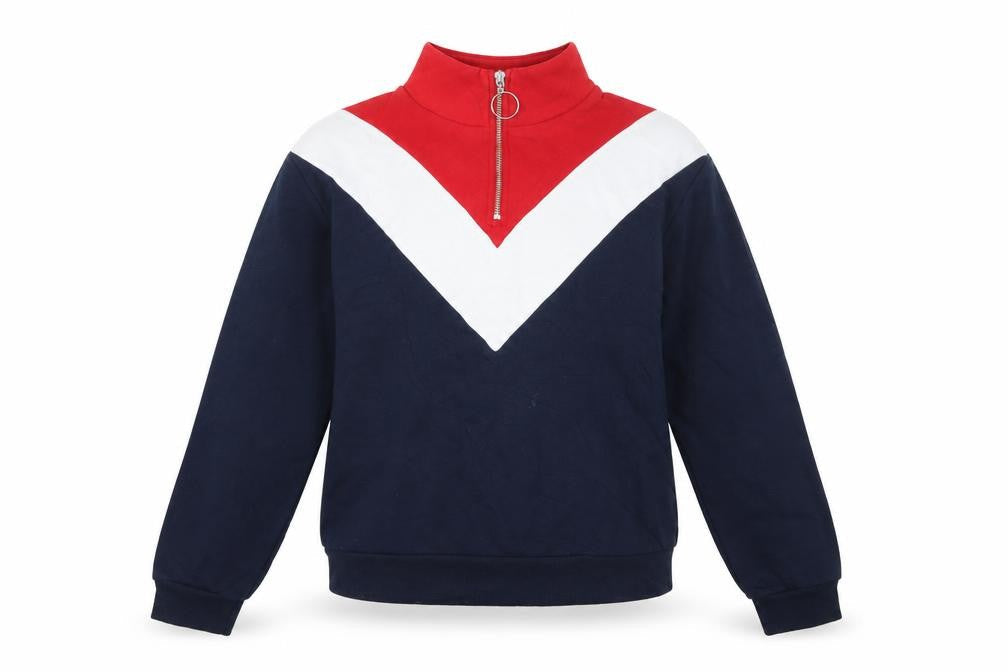 Front view of H&M women’s blue striped jersey pullover sweatshirt, size XS