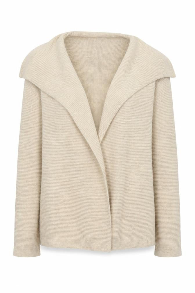 Front view of Dunes women’s beige cardigan jumper, size L