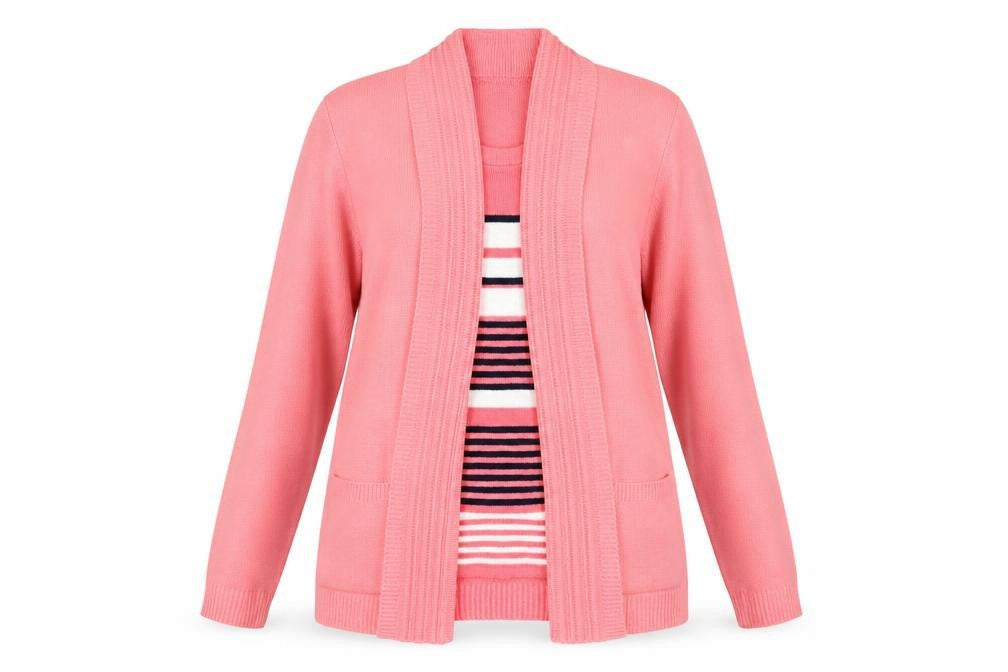 Front view of Vivi women’s pink striped cardigan jumper, size S, - jumper and cardigan all in one