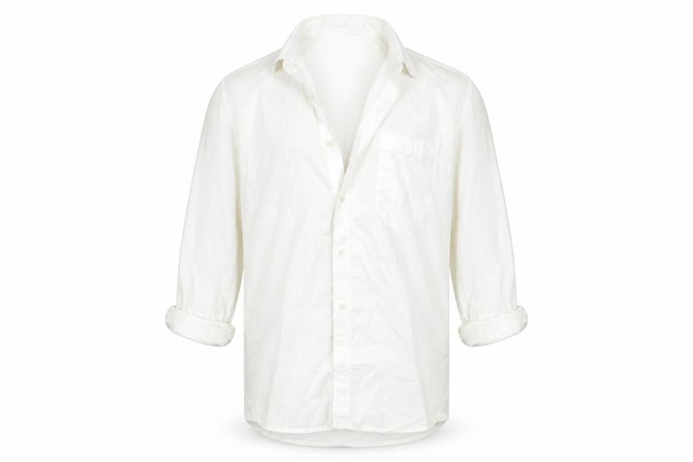 Front view of French Connection men’s white button-up, size M