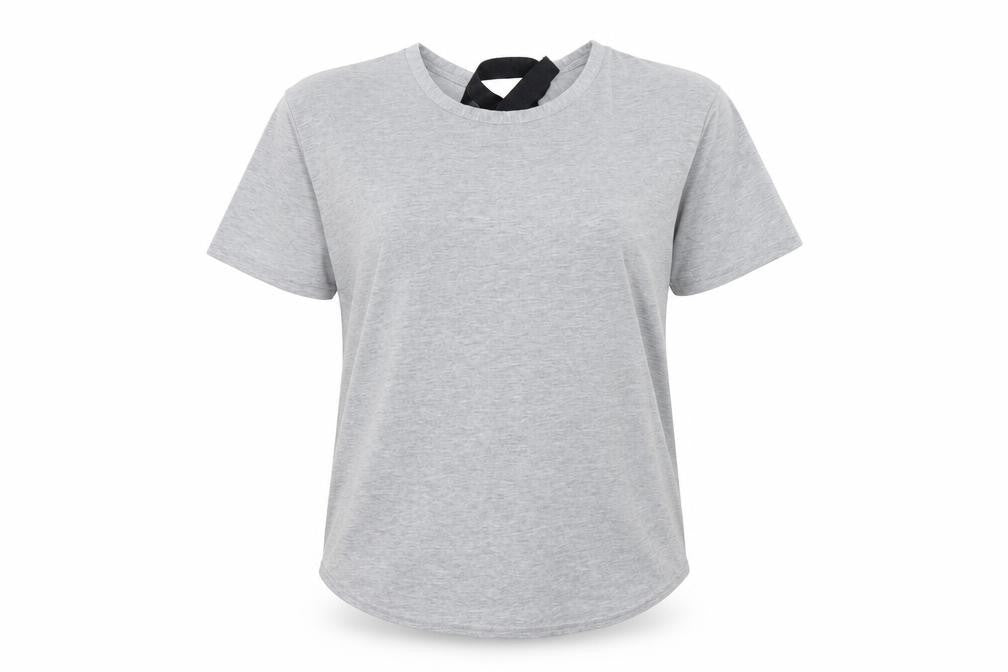 Front view of Boohoo women’s grey basic t-shirt, size UK 12