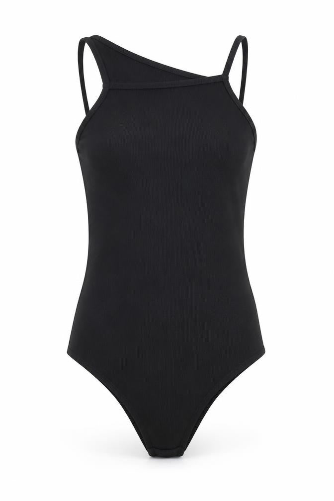 Front view of women’s black bodysuit one-piece, size UK 8