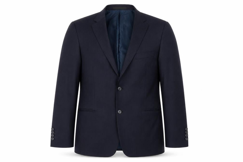 Front view of Marks & Spencer men’s blue striped jacket blazer, size 42