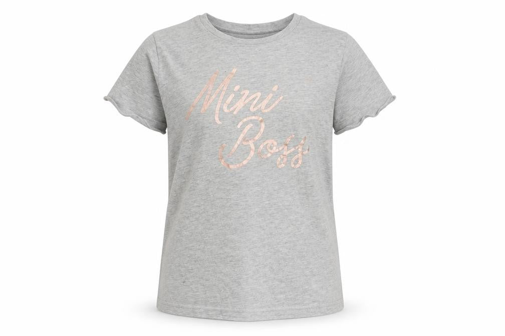 Front view of mini boss girls’ grey basic polo, size 10, years