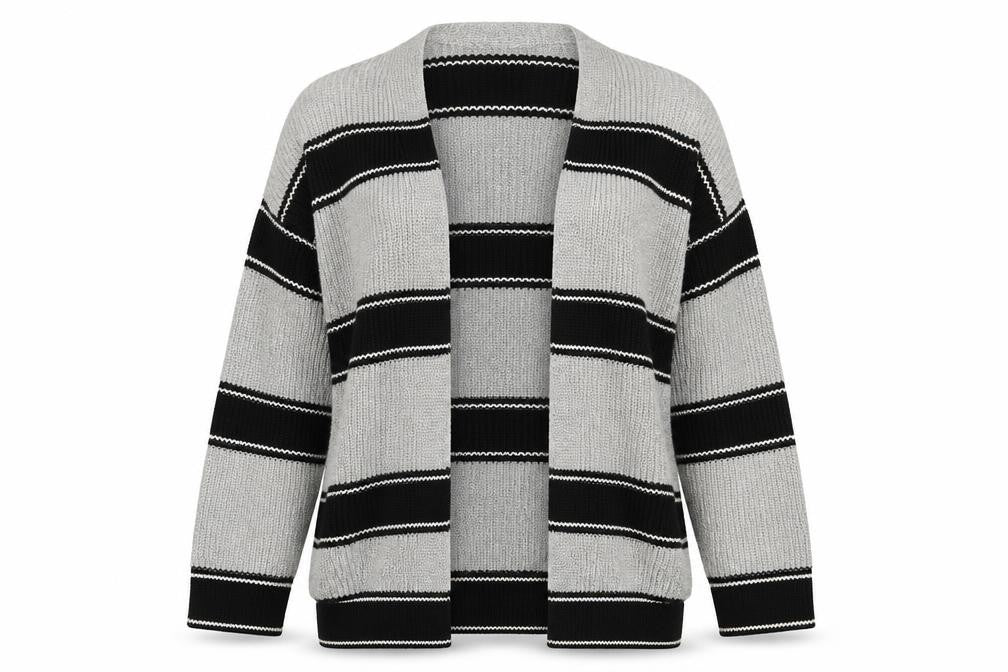 Front view of Gap women’s grey striped cardigan jumper, size M