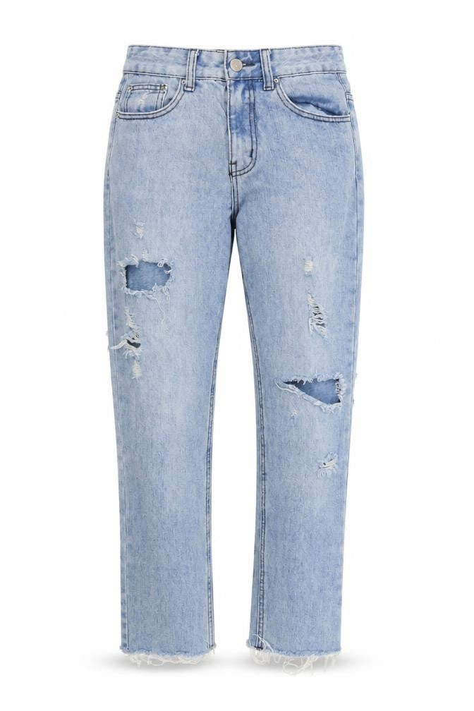 Front view of women’s blue straight jeans, size UK 8, 25-inch leg
