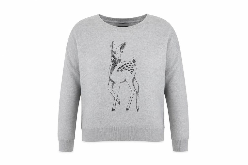 Front view of Next women’s grey jumper, size UK 14, - deer
