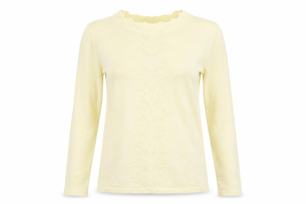 Front view of Dorothy Perkins women’s yellow striped knit jumper, size UK 8
