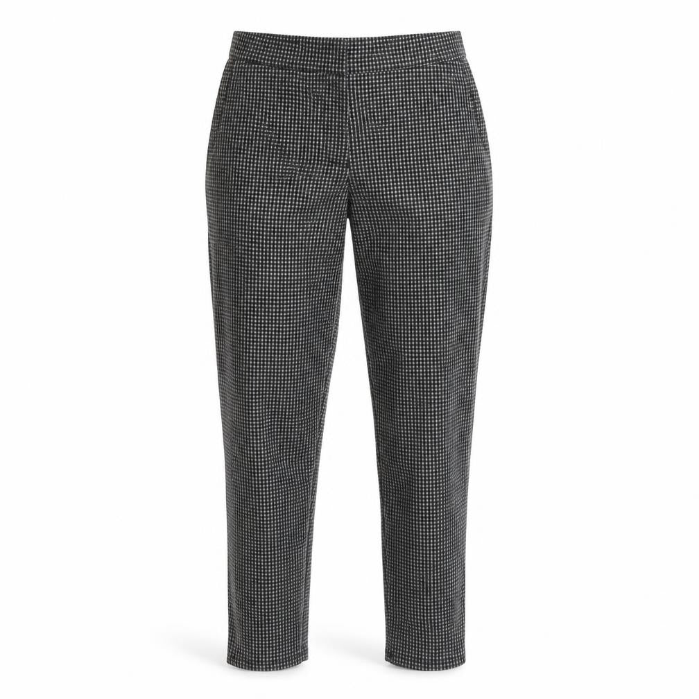 Front view of Dorothy Perkins women’s black check capri trousers, size UK 8, 28-inch leg - work office formal