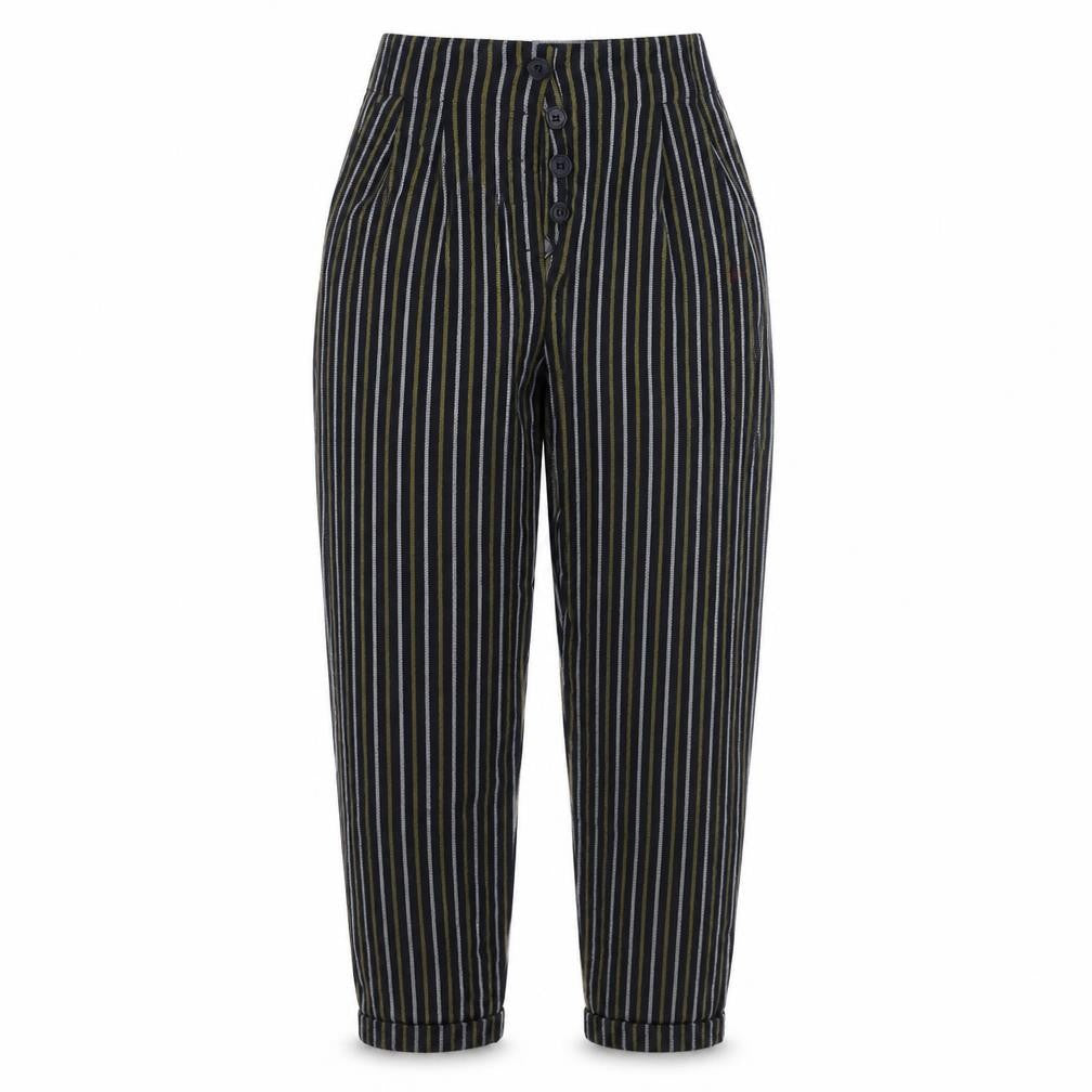 Front view of Topshop women’s blue striped bloomer trousers, size UK 4, 25-inch leg