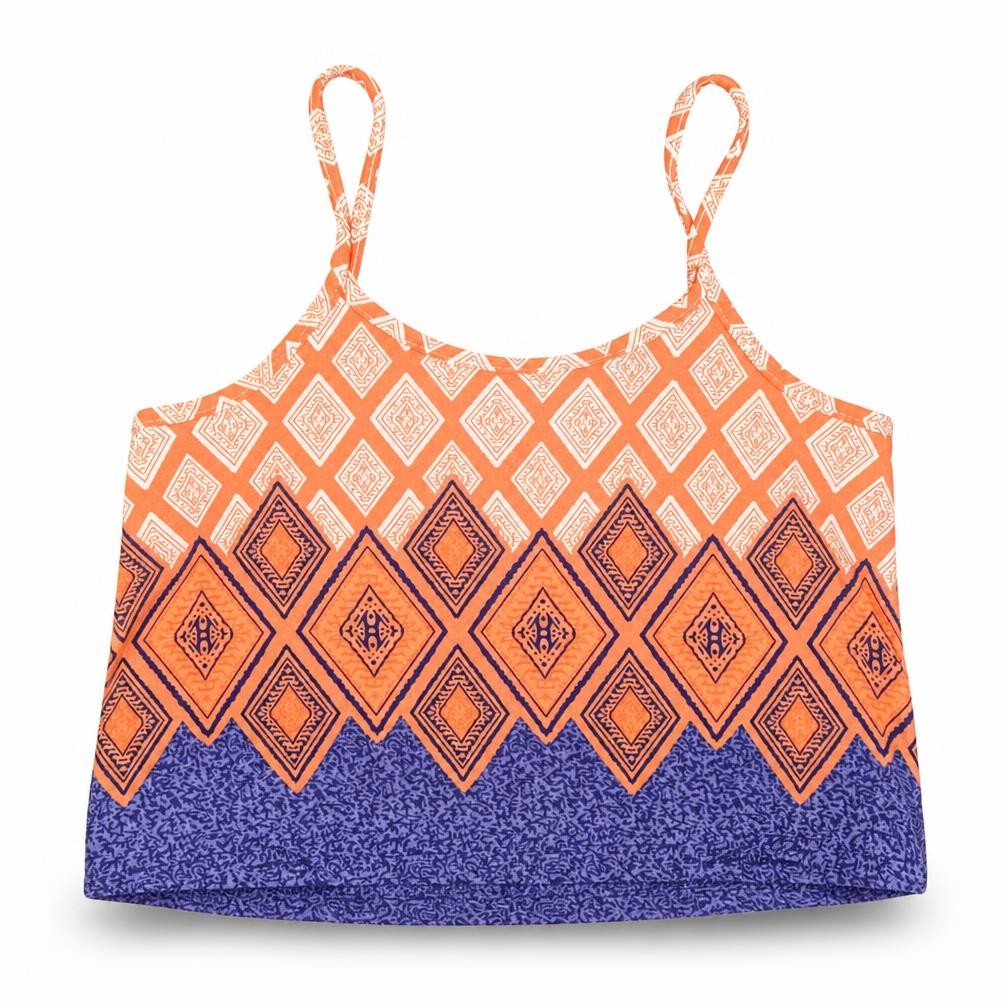 Front view of Boohoo women’s multicoloured geometric cropped tank, size UK 4