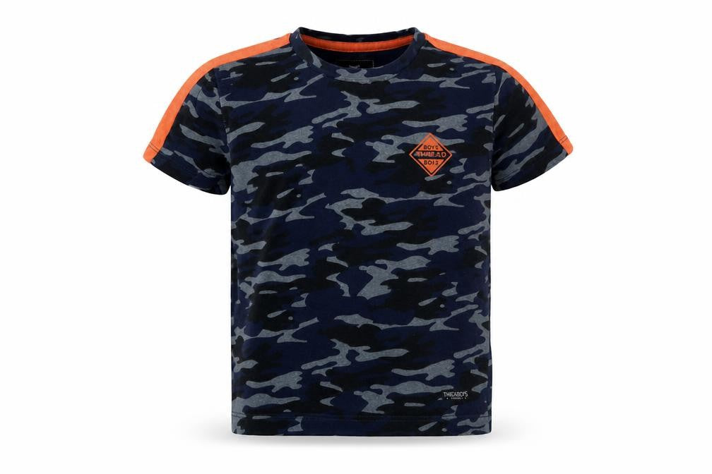Front view of Threadboys boys’ blue camouflage basic t-shirt, size 5-6, years