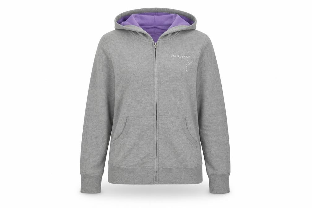 Front view of rinkratz women’s grey full zip hoodie, size M