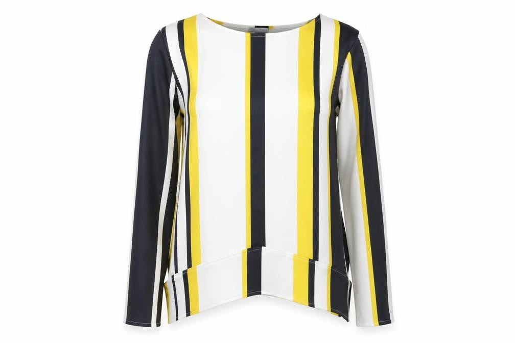 Front view of Zara women’s yellow striped basic blouse, size M, - cut outs
