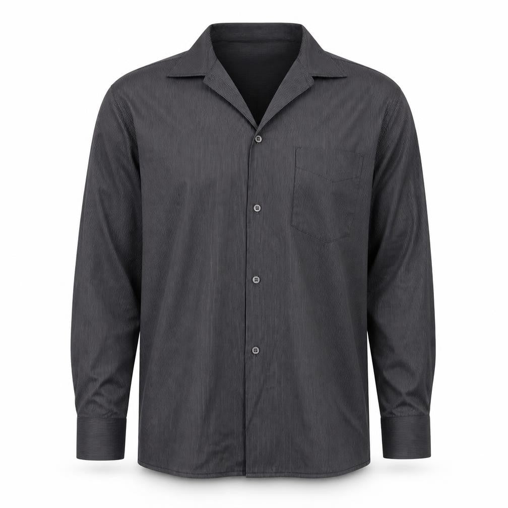 Front view of Preworn men’s black striped button-up, size L
