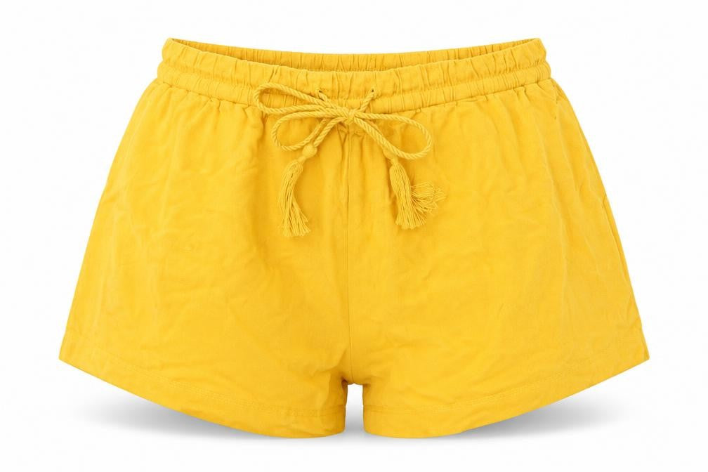 Front view of H&M women’s yellow hot pants shorts, size UK 36