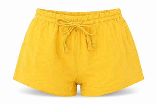 Front view of H&M women’s yellow hot pants shorts, size UK 36