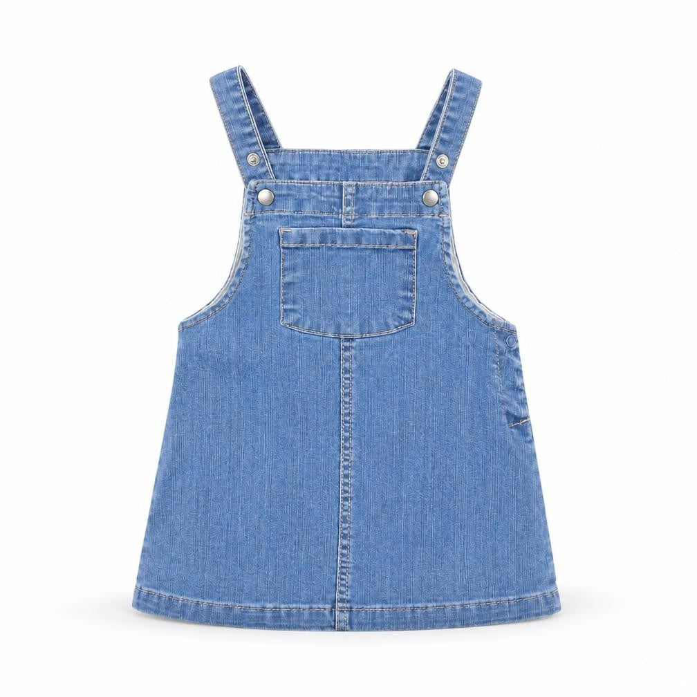 Front view of H&M girls’ blue denim pinafore/dungaree dress, size 12, months