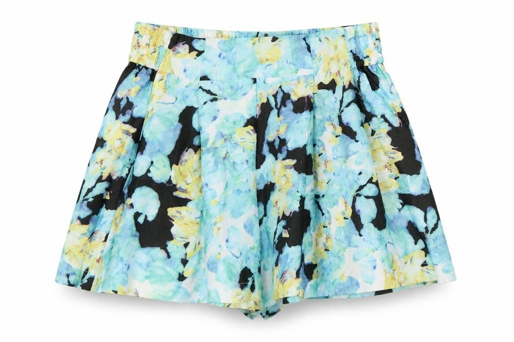 Front view of Preworn women’s blue floral paperbag shorts, size L