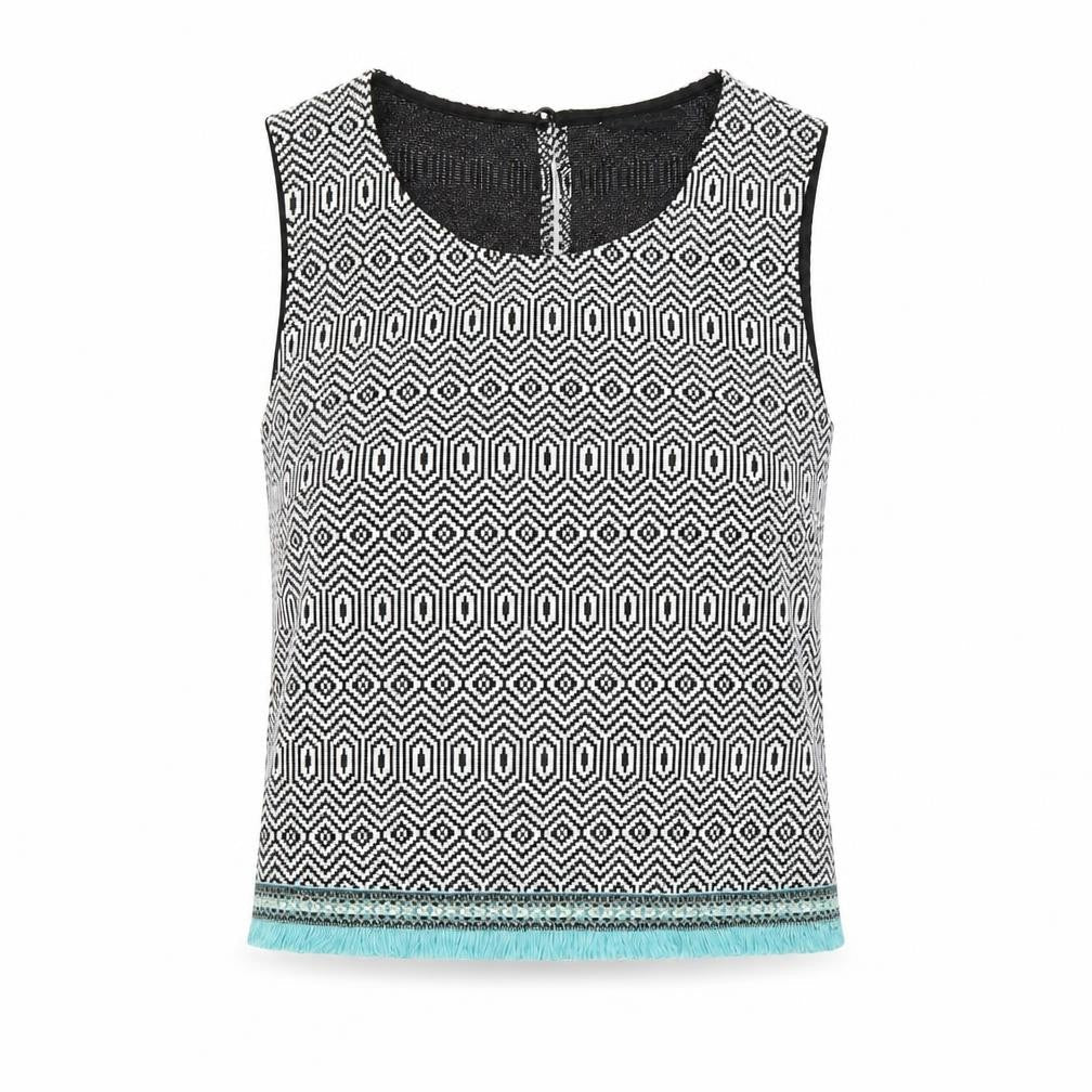 Front view of Candy Couture girls’ black geometric cropped tank, size 14, years