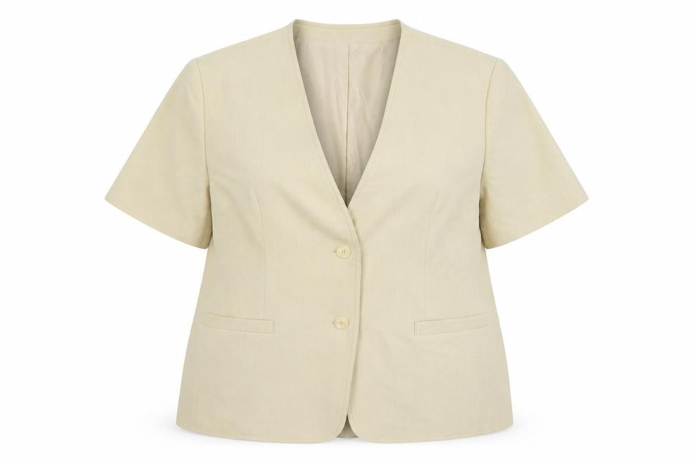 Front view of C&A women’s beige jacket blazer, size UK 24, - shoulder pads