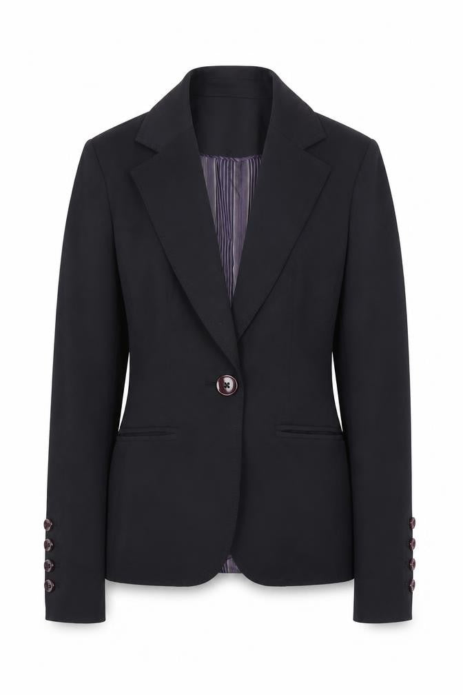 Front view of South women’s blue jacket suit jacket, size UK 8