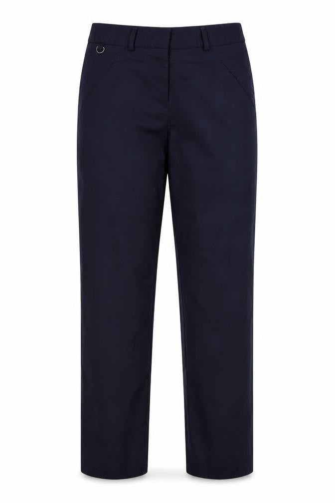 Front view of Preworn women’s blue trousers, size UK 6, 26-inch leg