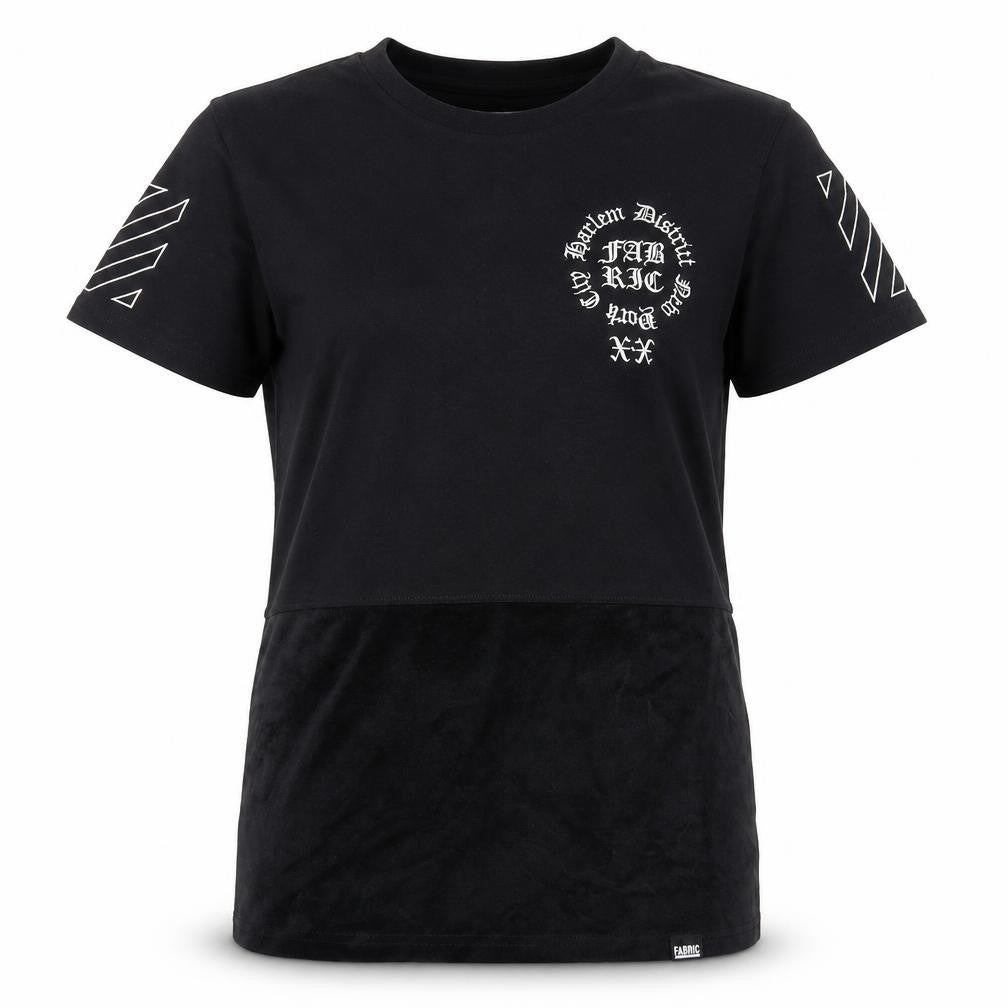 Front view of Fabric women’s black basic t-shirt, size XS, - harlem district