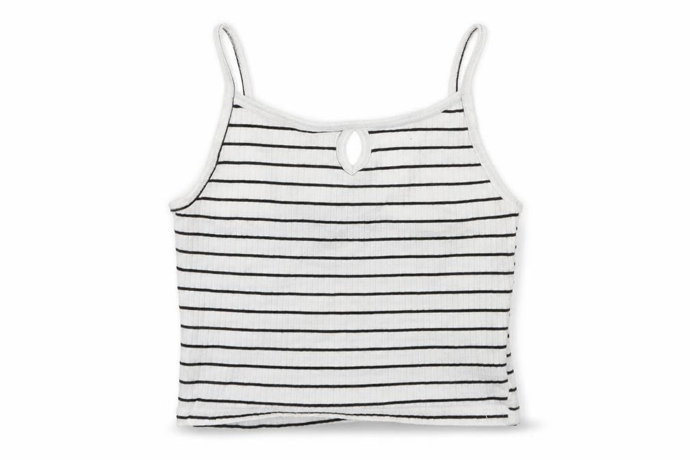 Front view of Primark girls’ white striped jersey camisole tank, size 8, years