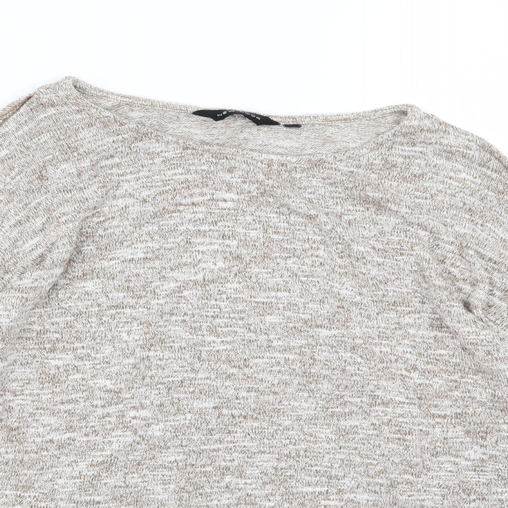 Close-up detail of New Look women’s brown knit jumper, size UK 14, - cold shoudler