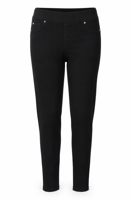 Front view of Denim & Co. women’s black denim jegging jeans, size UK 8, 32-inch leg