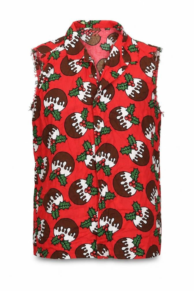 Front view of Urban Threads men’s red geometric button-up, size M, - pudding