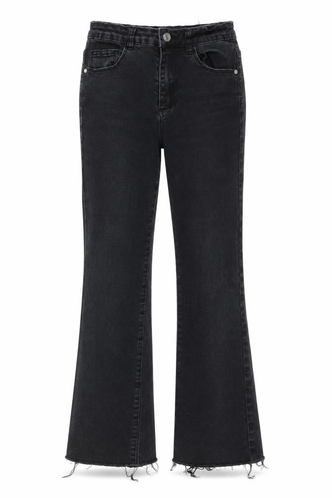 Front view of women’s black straight jeans, size UK 8, 25-inch leg