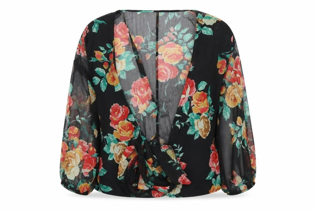 Front view of Miss Selfridge women’s black floral basic blouse, size UK 6
