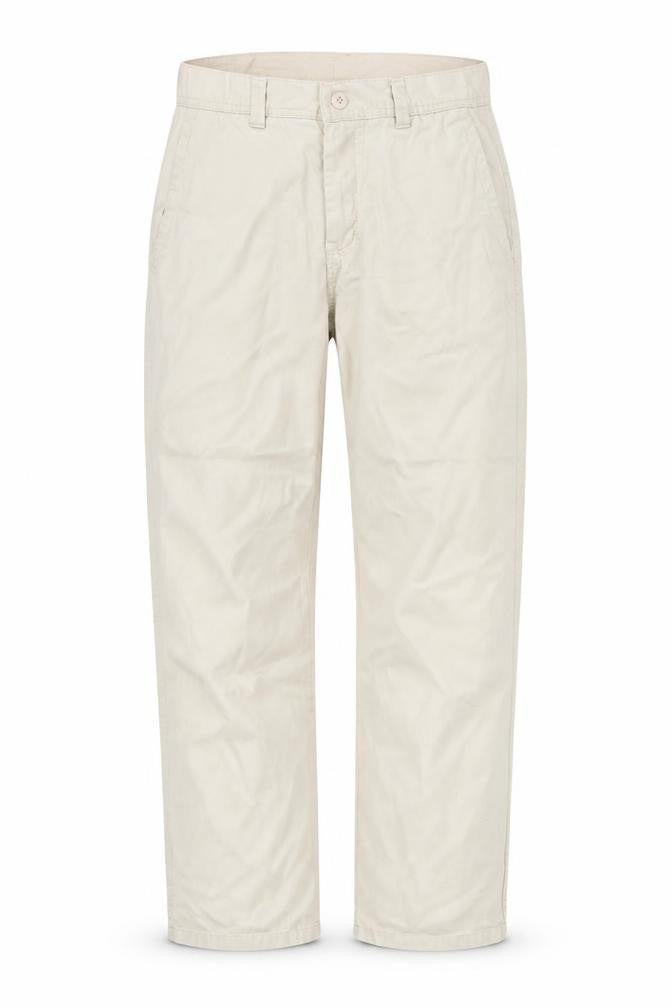 Front view of pre worn men’s beige trousers, size L, 30-inch leg