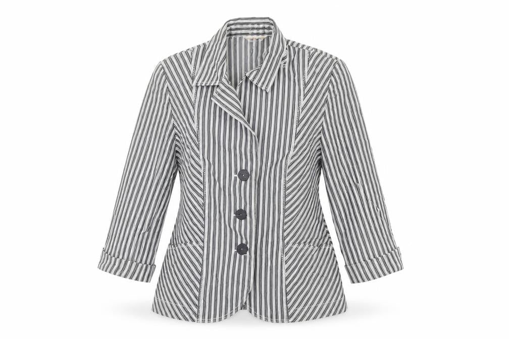 Front view of FSR women’s grey striped jacket, size UK 8